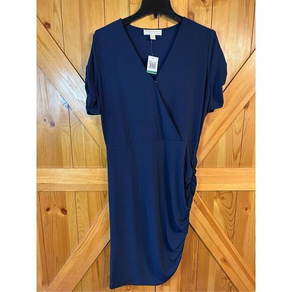Michael Kors Dress Navy Blue Short Sleeve V-Neck Size Large nwt Rushed Side/Slee - Picture 1 of 7